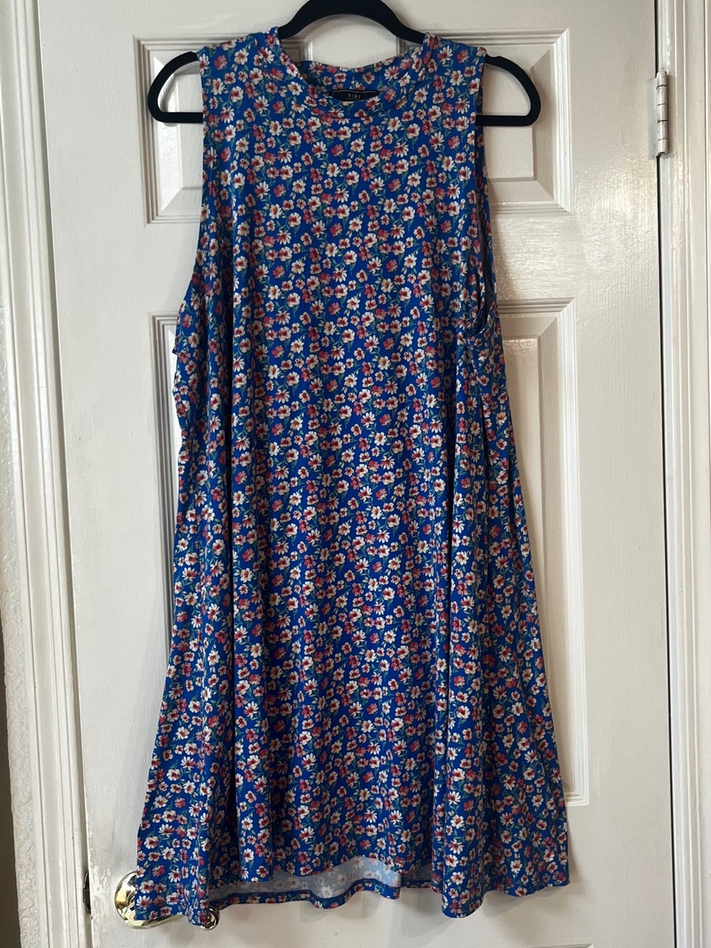 Vibe Blue Floral Sleeveless Dress with Pink and Yellow Accents